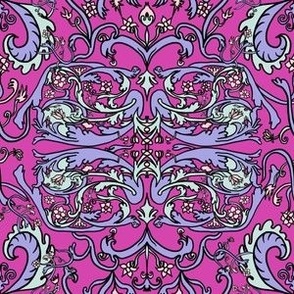Candy coloured heritage damask scrolls on hot pink 6” repeat