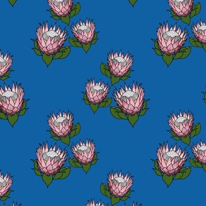 Pretty Pink Proteas motif (topsy turvy) - black outlines, ocean blue, medium 