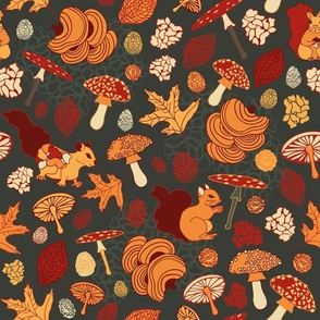 Autumn design with squirrels, leaves and mushrooms