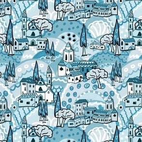 Whimsical MediterraneanMonochrome blues hill top villages, small 6” repeat
