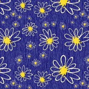Blue Denim and White Daisy Flowers with Grasscloth Texture Bold Abstract Modern Bold Navy Blue 000066 Golden Yellow FFD500 and White FFFFFF