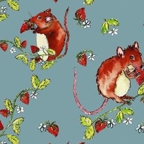 Mice In Strawberry Patch Watercolor
