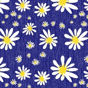 Blue Denim and White Daisy Flowers with Grasscloth Texture Bold Abstract Modern Bold Navy Blue 000066 Golden Yellow FFD500 and White FFFFFF Reverse