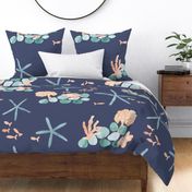 watercolor starfish, coral and fish on dark blue, coastal for kids wear, baby and nursery