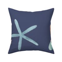 watercolor starfish, coral and fish on dark blue, coastal for kids wear, baby and nursery