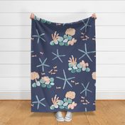 watercolor starfish, coral and fish on dark blue, coastal for kids wear, baby and nursery