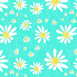 Blue Denim and White Daisy Flowers with Grasscloth Texture Bold Abstract Modern Bright Turquoise Blue Green 00FFD5 Golden Yellow FFD500 and White FFFFFF