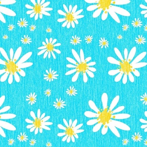Blue Denim and White Daisy Flowers with Grasscloth Texture Bold Abstract Modern Bold Capri Blue 00D5FF Golden Yellow FFD500 and White FFFFFF