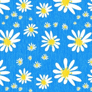 Blue Denim and White Daisy Flowers with Grasscloth Texture Bold Abstract Modern Azure Blue 0080FF Golden Yellow FFD500 and White FFFFFF