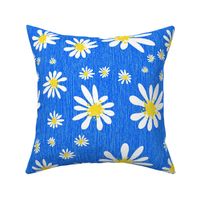 Blue Denim and White Daisy Flowers with Grasscloth Texture Bold Abstract Modern Cobalt Blue 005CFF Golden Yellow FFD500 and White FFFFFF