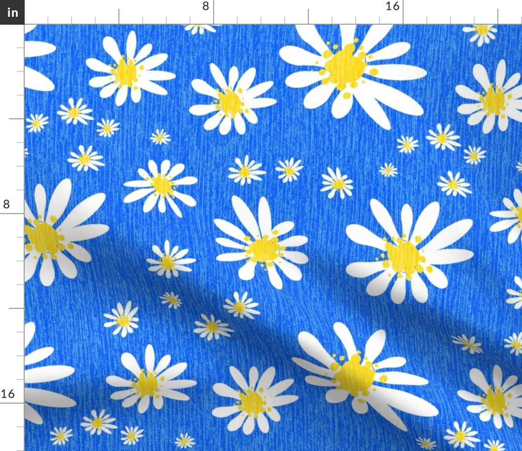 Blue Denim and White Daisy Flowers with Grasscloth Texture Bold Abstract Modern Cobalt Blue 005CFF Golden Yellow FFD500 and White FFFFFF