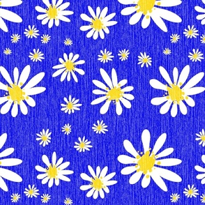 Blue Denim and White Daisy Flowers with Grasscloth Texture Bold Abstract Modern Royal Blue 0000FF Golden Yellow FFD500 and White FFFFFF