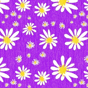 Blue Denim and White Daisy Flowers with Grasscloth Texture Bold Abstract Modern Bold Violet 8000FF Golden Yellow FFD500 and White FFFFFF