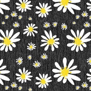 Black Denim and White Daisy Flowers with Grasscloth Texture Bold Abstract Modern Black 000000 Golden Yellow FFD500 and White FFFFFF