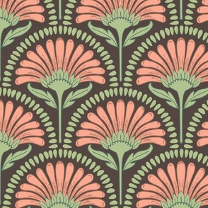 Art Deco scallop with floral repeat design in coral pink, green and brown