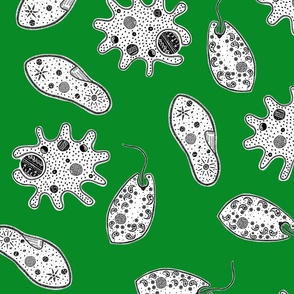 Black and White Microbes on Green (Large Scale)