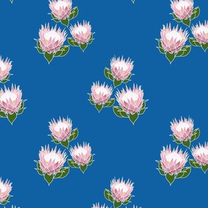 Pretty Pink Proteas motif (topsy turvy) - white outlines, ocean blue, medium 