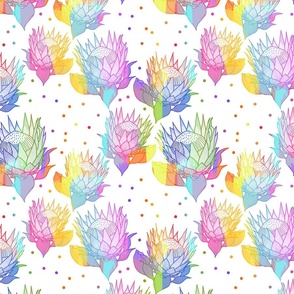 Pretty Painterly Proteas (Toile) - rainbow on white, medium 