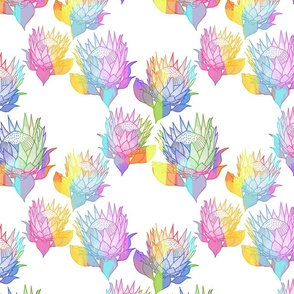 Pretty Painterly Proteas (Toile) #5 - pastel rainbow on white, medium 