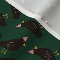 Cute seamless pattern with rooks in funny hats on dark green background . Funny print with rooks in childish style  3