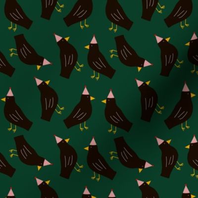 Cute seamless pattern with rooks in funny hats on dark green background . Funny print with rooks in childish style  3