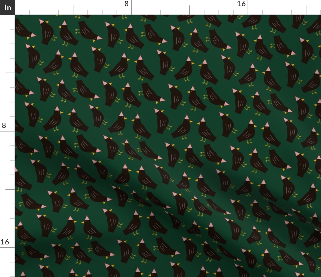 Cute seamless pattern with rooks in funny hats on dark green background . Funny print with rooks in childish style  3