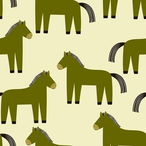Cute and stylish seamless pattern with  green horses on white background. Funny childish vector cartoon background