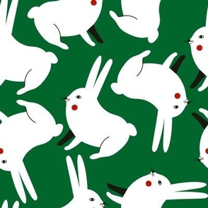 Stylish seamless pattern with white rabbits on green background. Creative childish texture for fabric_ wrapping_ textile_ wallpaper_ apparel. Vector illustration. Cute retro animal print.  3