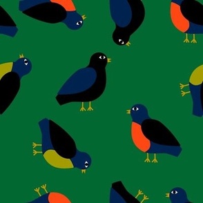 Vector seamless pattern with colorful abstract birds on green background. Cute minimalistic animal  design
