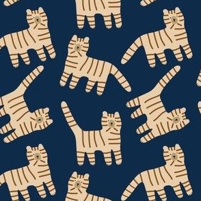 Stylish tiger or striped cats on blue background  in minimalistic style. Tiger print repeat texture in naive style.