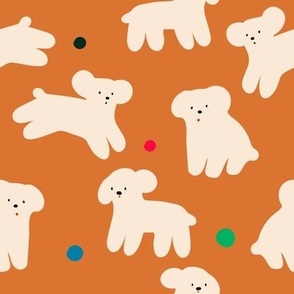 Cute modern pattern with minimalistic poodles  and colorful dots on brown background. 