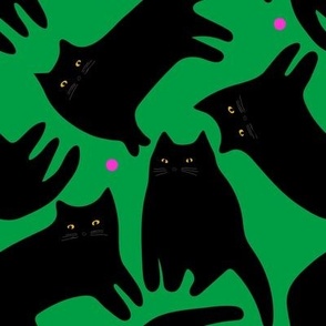 Stylish minimalistic pattern with black  cats whit bright pink balls on green background . Cute modern animal print.