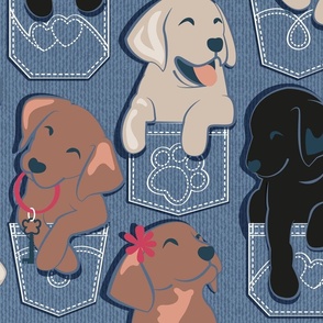Large jumbo scale // Pure love Labrador pockets // denim blue background Labrador Retriever dog puppies