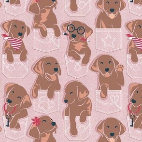 Small scale // Pure love Labrador pockets // blush pink background brown chocolate Labrador Retriever dog puppies