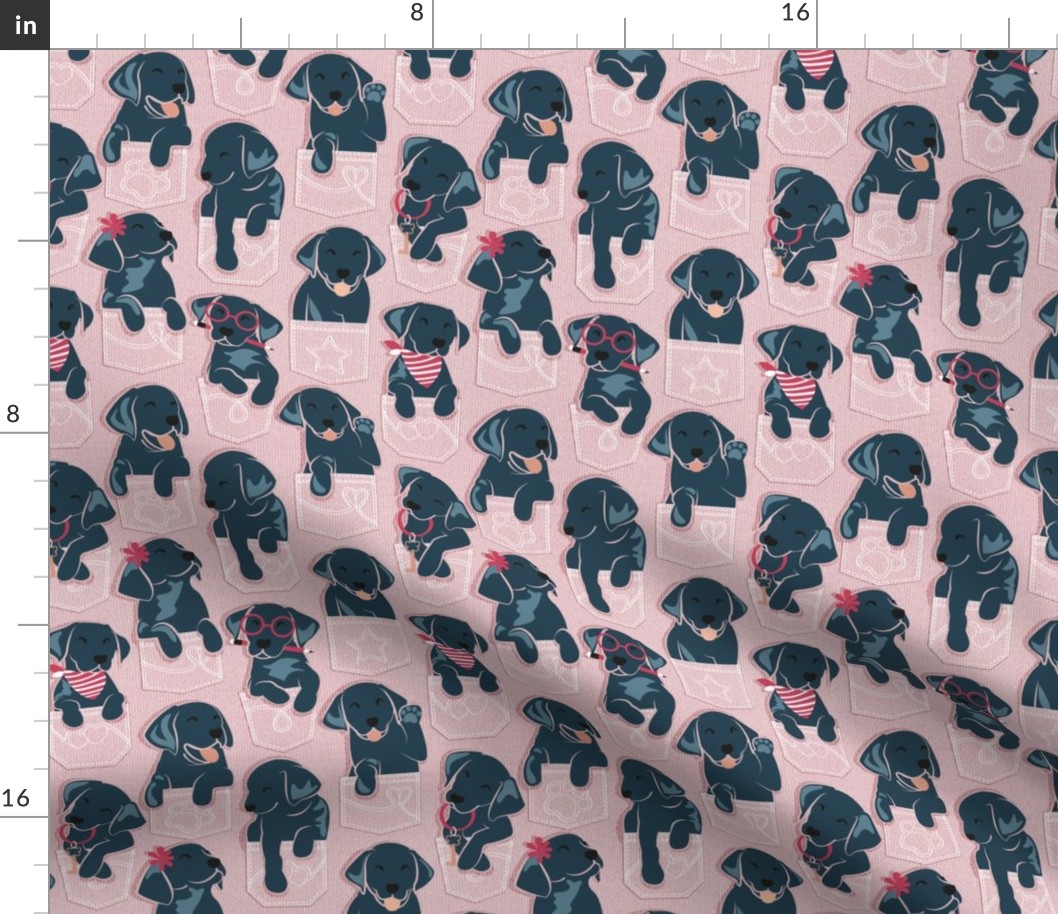 Small scale // Pure love Labrador pockets // blush pink background black Labrador Retriever dog puppies