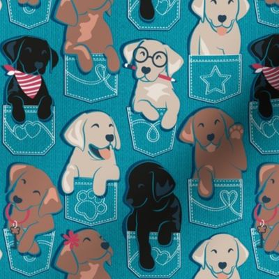 Small scale // Pure love Labrador pockets // turquoise background Labrador Retriever dog puppies