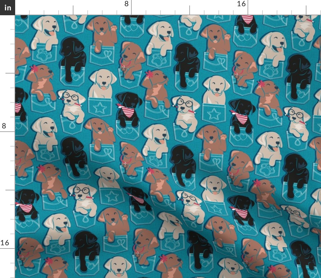 Small scale // Pure love Labrador pockets // turquoise background Labrador Retriever dog puppies
