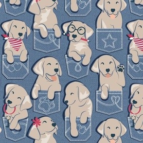 Small scale // Pure love Labrador pockets // denim blue background yellow Labrador Retriever dog puppies