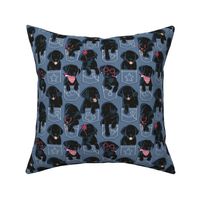 Small scale // Pure love Labrador pockets // denim blue background black Labrador Retriever dog puppies