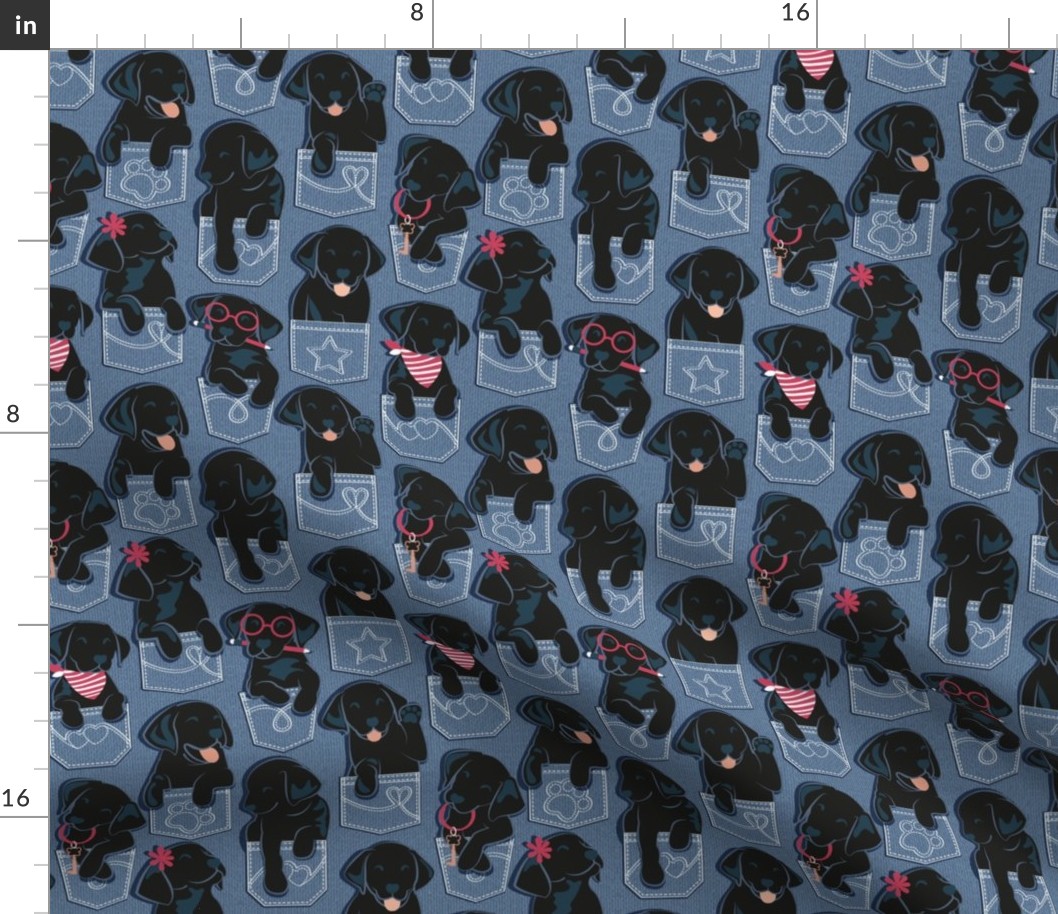 Small scale // Pure love Labrador pockets // denim blue background black Labrador Retriever dog puppies