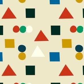 Cute vector colorful abstract pattern design in minimalistic style.Multicolor geometric shapes - circles, squares, triangles on grey background. Vector seamless texture