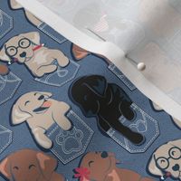 Tiny scale // Pure love Labrador pockets // denim blue background Labrador Retriever dog puppies