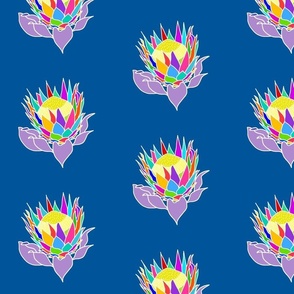Rainbow Protea (stained glass window) - white lines on ocean blue, medium 