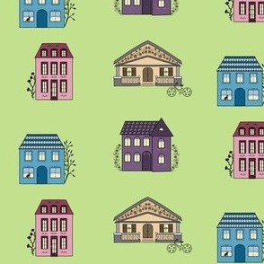 Quirky cute houses  medium scale pink, blue, purple