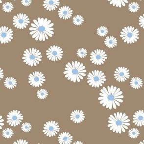 The new daisies minimalist white flowers spring blossom boho design white blue on latte brown