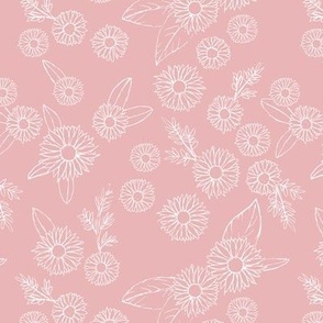 Wild wonder daisy garden raw freehand boho blossom and leaves botanical sketched design blush pink