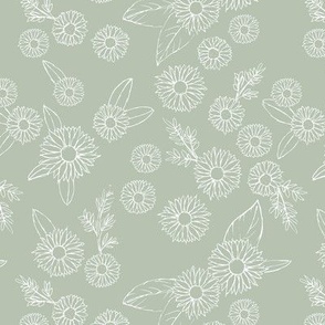 Wild wonder daisy garden raw freehand boho blossom and leaves botanical sketched design sage green