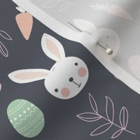 Adorable spring bunnies Easter eggs and carrots kids illustration design pastel mint pink yellow on charcoal