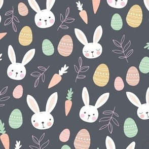 Adorable spring bunnies Easter eggs and carrots kids illustration design pastel mint pink yellow on charcoal