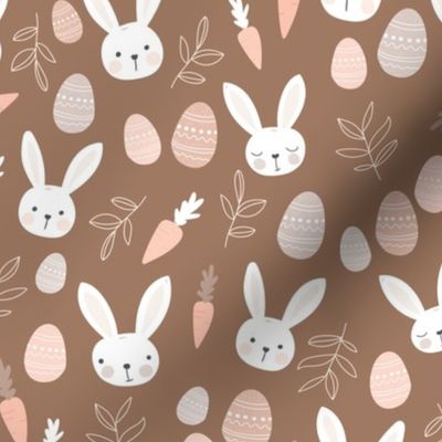 Adorable spring bunnies Easter eggs and carrots kids illustration design pastel boho orange brown seventies vintage palette